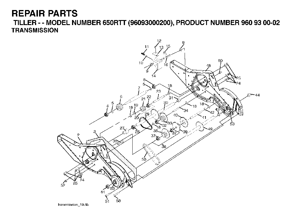 Transmission Diagram and Parts List for 650RTT (96093000200)(2005-08) Husqvarna Tiller