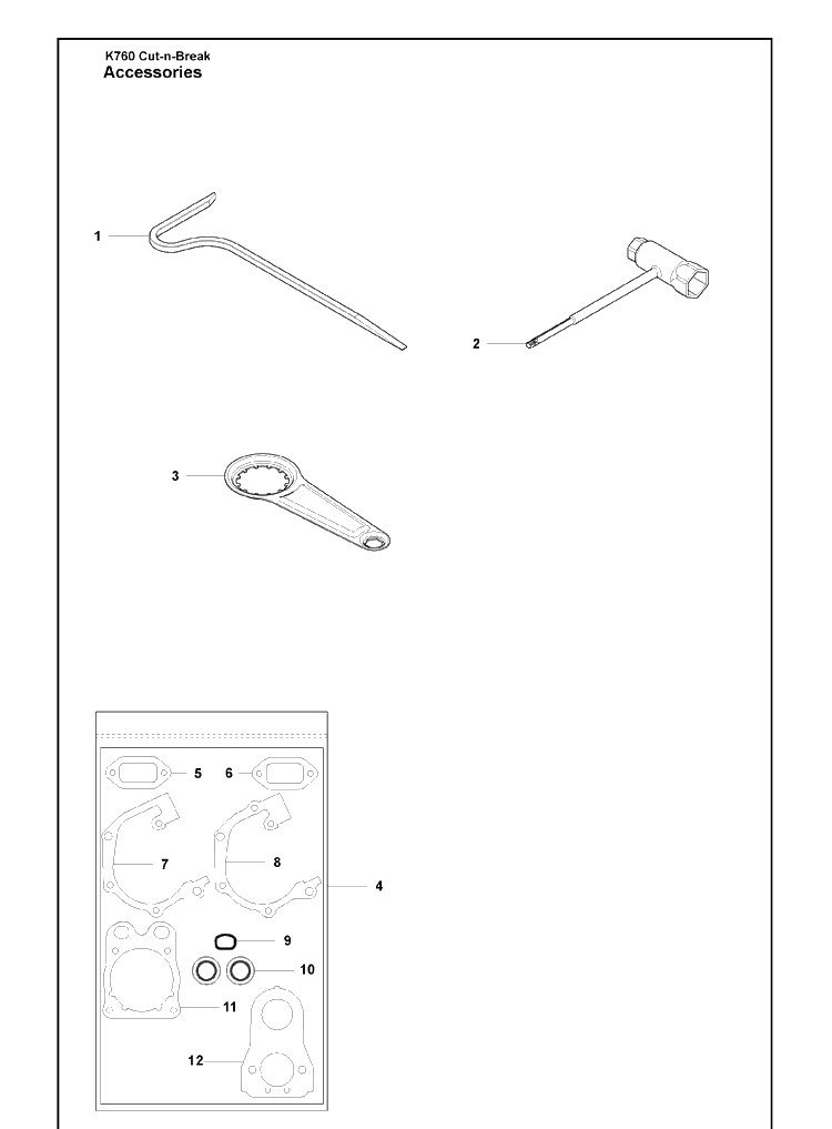 Tools And Gasket Kit Diagram and Parts List for K760CUT-N-BREAK 2009-11 Husqvarna Table Saw Accessories