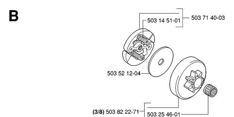 Clutch Diagram and Parts List for 338XPT 20063600001-20100600000 Husqvarna Chainsaw