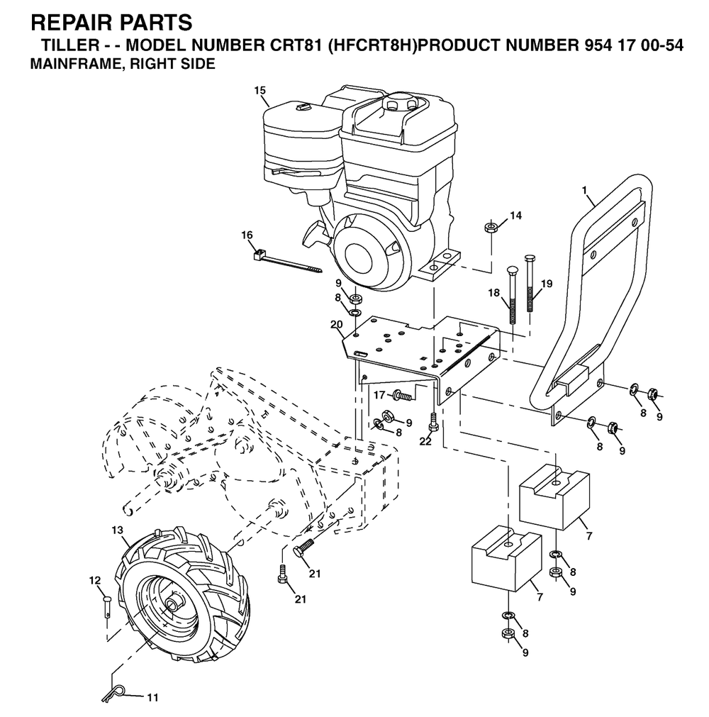 Mainframe, Right Side Diagram and Parts List for CRT81 (954170054-H)(2004-01) Husqvarna Tiller