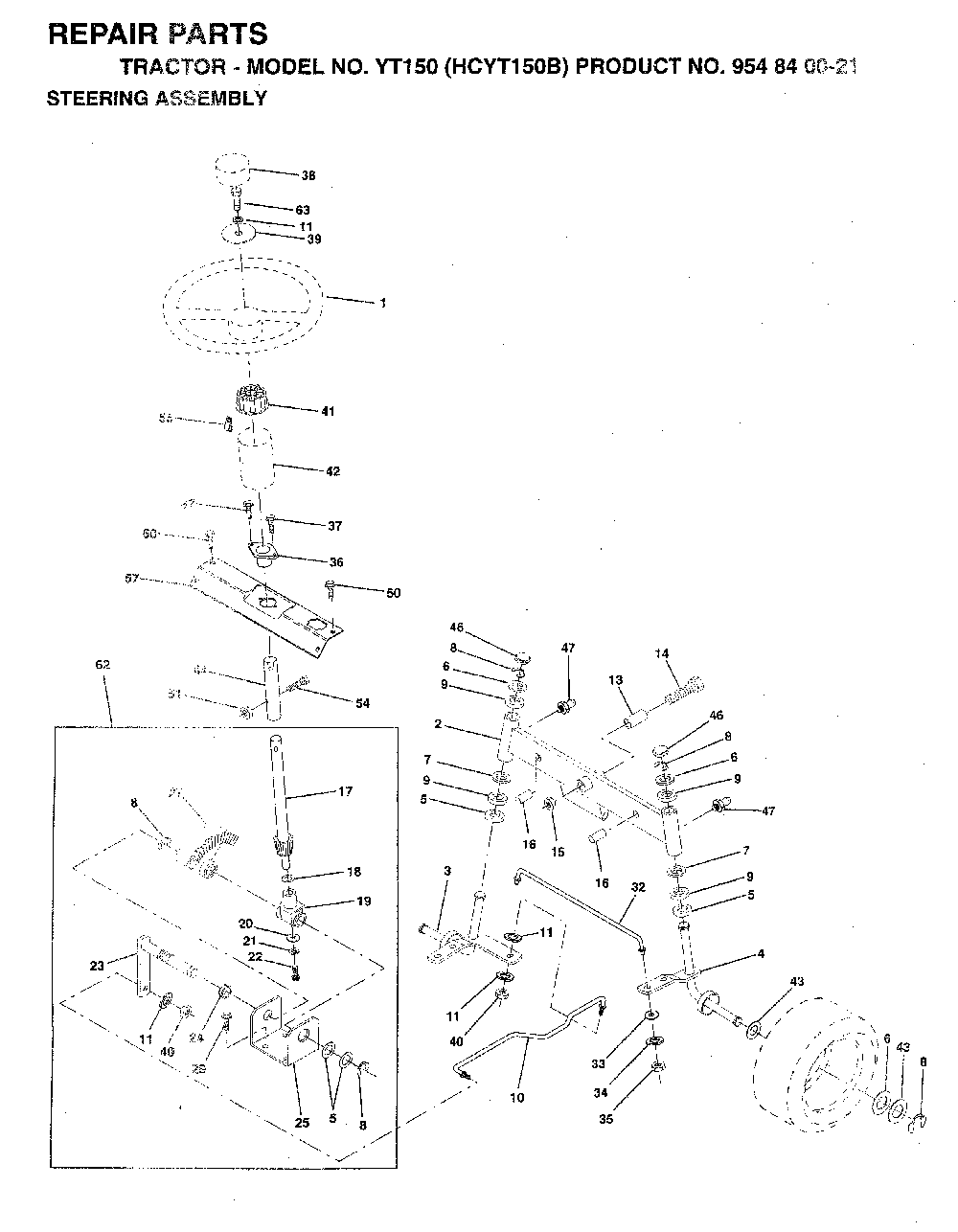 Steering Diagram and Parts List for YT150 (HCYT150B, 954840021)(1996-04) Husqvarna Lawn Tractor