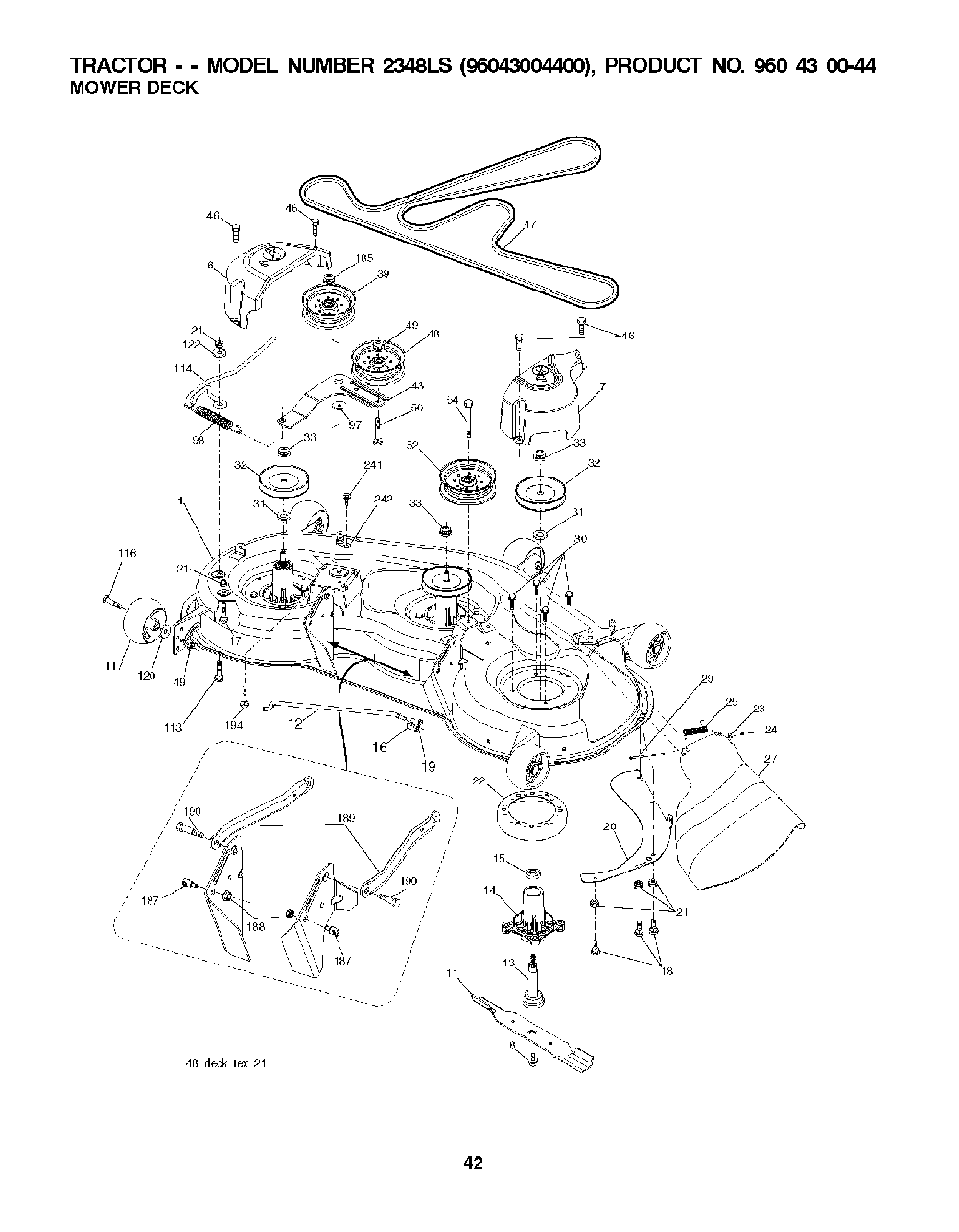 Mower Deck / Cutting Deck Diagram and Parts List for 2348LS (96043004400)(2008-01) Husqvarna Lawn Tractor