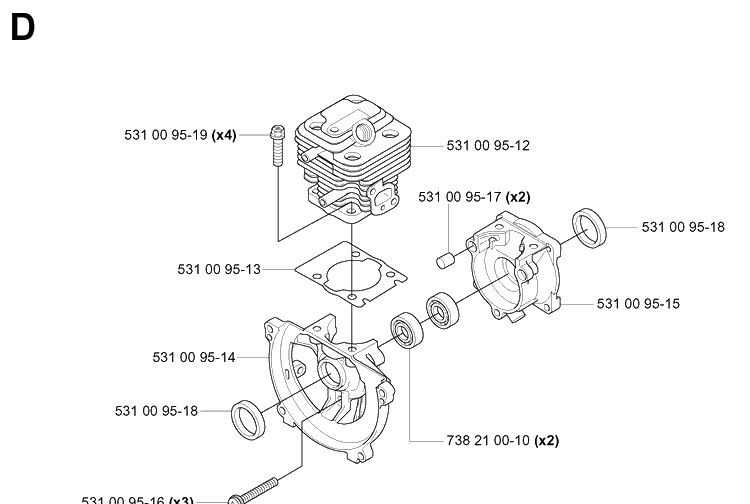 Cylinder And Crankcase Diagram and Parts List for 125BT (TH026D-AC57)(20041800001-Current) Husqvarna Leaf Blower / Vacuum