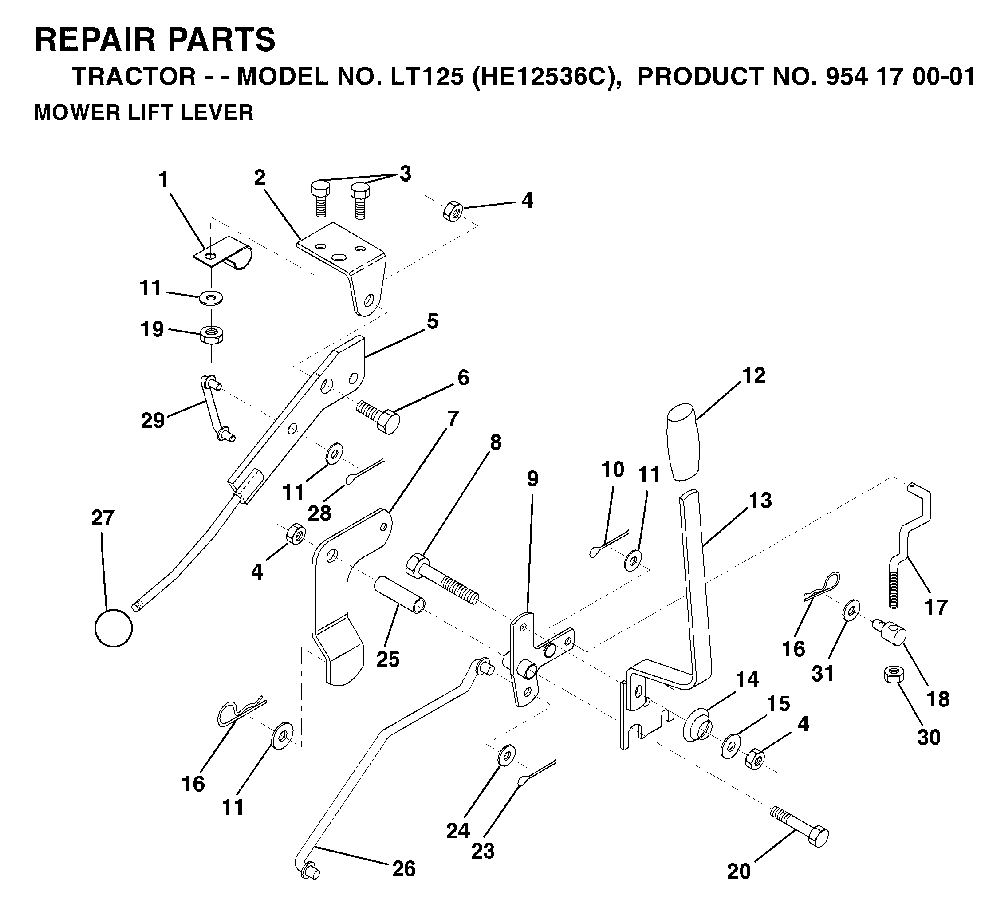 Mower Lift Lever Diagram and Parts List for LT125 (HE12536C, 954170001)(1996-01) Husqvarna Lawn Tractor