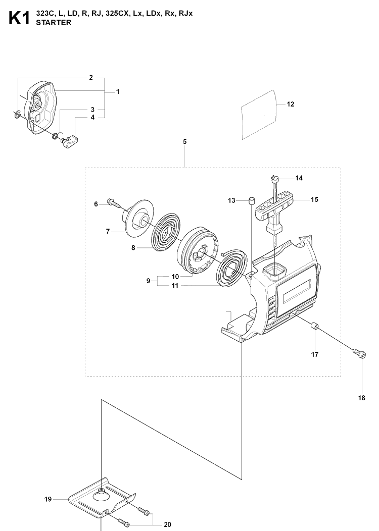 Starter Diagram and Parts List for 325LDX 20080900001-Current Husqvarna Edger
