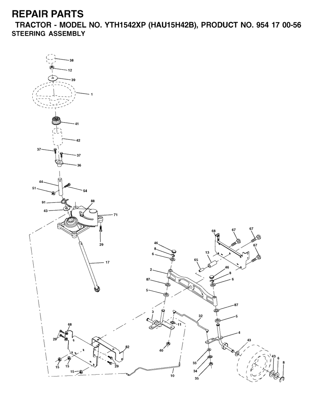 Steering Diagram and Parts List for YTH1542XP (954170056-B)(2003-01) Husqvarna Lawn Tractor