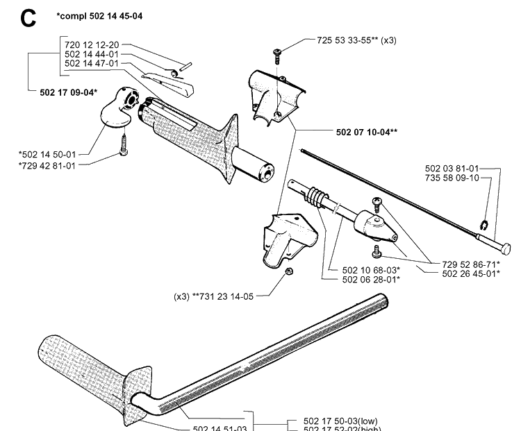 Handle And Controls Diagram and Parts List for 265RX 19954500001-19991000000 Husqvarna Brush Cutter
