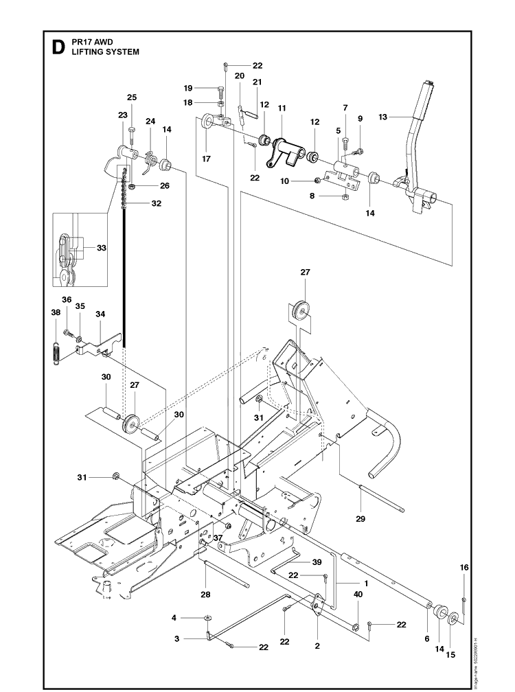 Mower Lift / Deck Lift Diagram and Parts List for PR17 AWD Husqvarna Lawn Mower