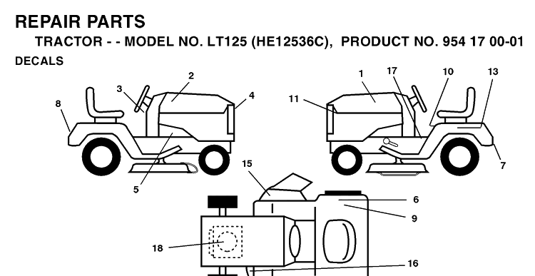 Decals Diagram and Parts List for LT125 (HE12536C)(1996-01) Husqvarna Lawn Tractor