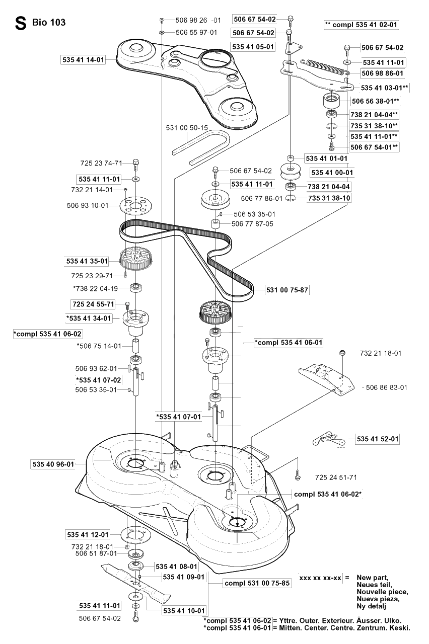 103cm Cutting Deck Diagram and Parts List for PF21 2001-02 Husqvarna Lawn Tractor