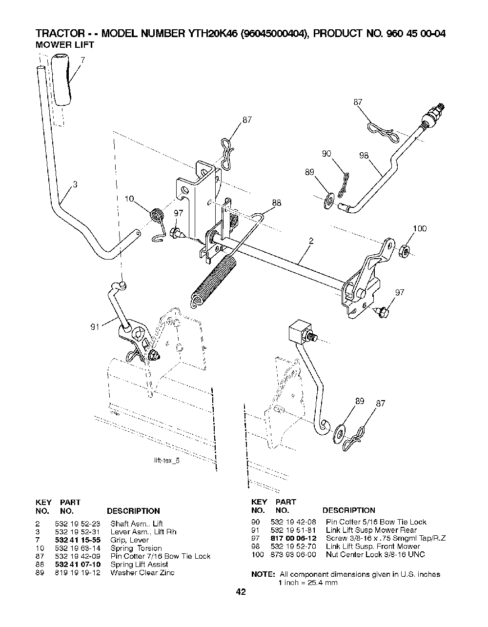 Mower Lift / Deck Lift Diagram and Parts List for YTH20K4696045000404 2007-10 Husqvarna Lawn Tractor