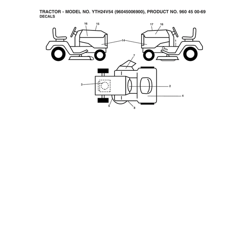 Decals Diagram and Parts List for 96045006900  Husqvarna Lawn Tractor