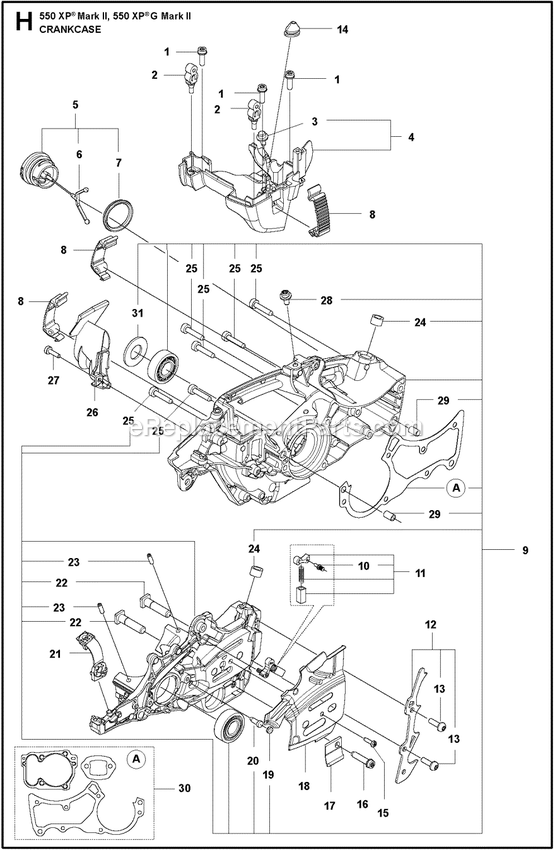 Crankcase Diagram and Parts List for 550XPGMARKII  Husqvarna Chainsaw