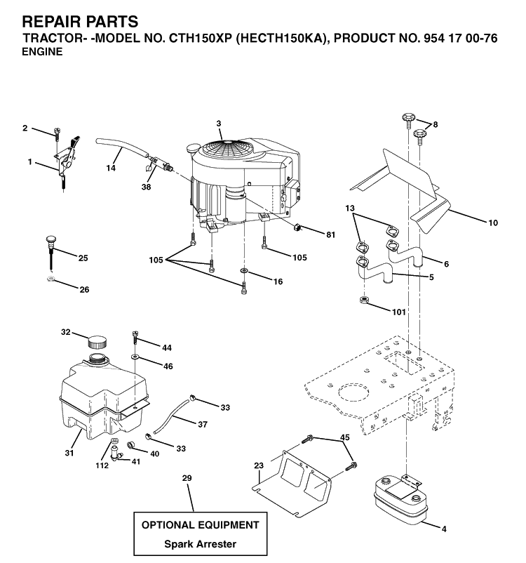 Engine And Cutting Equipment Diagram and Parts List for CTH150XP (HECTH150KA)(2003-01) Husqvarna Lawn Tractor