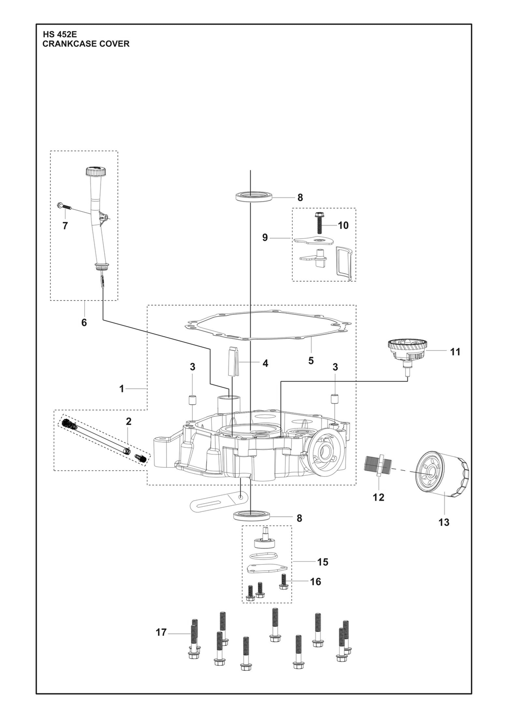 Crankcase Cover Diagram and Parts List for HS452E  Husqvarna Engine