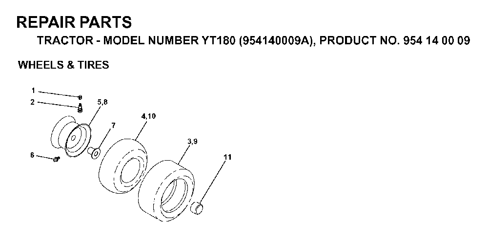 Wheels And Tires Diagram and Parts List for YT180 (954140009A)(1997-01) Husqvarna Lawn Tractor