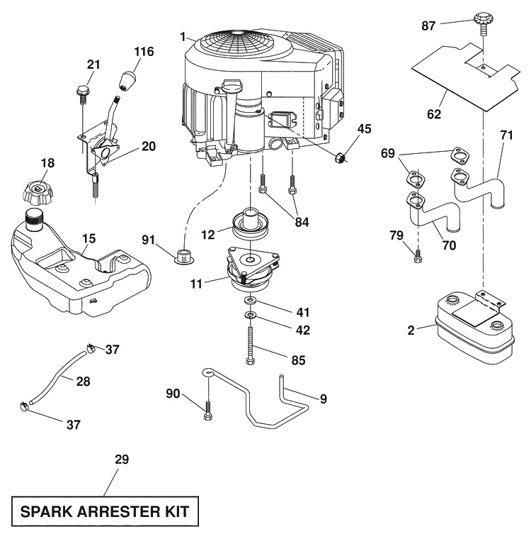 Engine / Fuel Tank Diagram and Parts List for 2042LS (96043006200)(2008-11) Husqvarna Lawn Mower