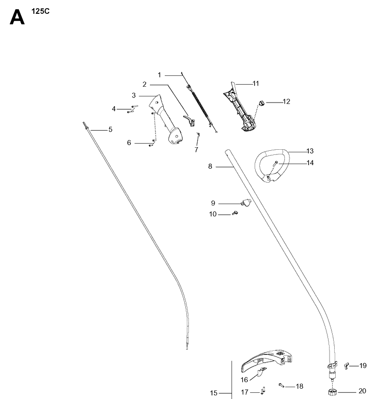 Shaft And Handle Diagram and Parts List for 125C 20053600001-20071599999 Husqvarna Edger