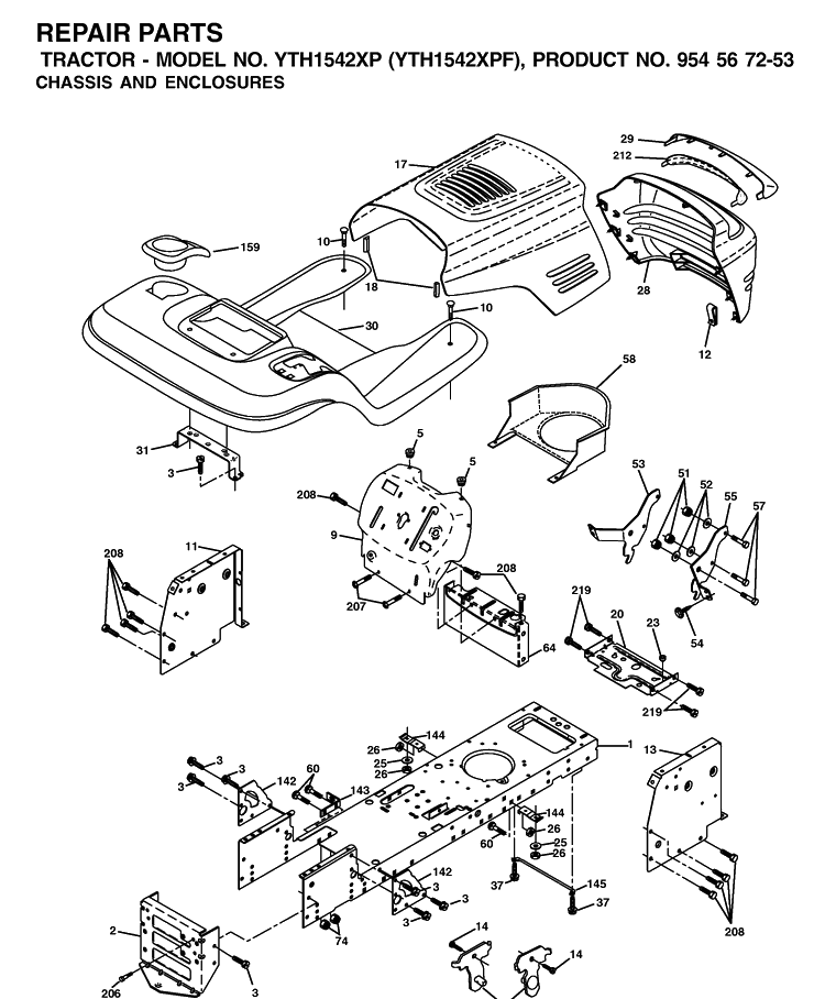 Chassis And Enclosures Diagram and Parts List for YTH1542XP (954567253)(2002-03) Husqvarna Lawn Tractor
