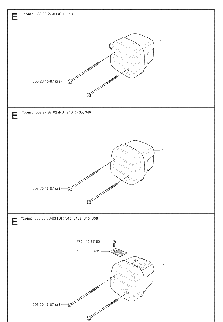 Muffler Diagram and Parts List for 345 20070100001-Current Husqvarna Chainsaw