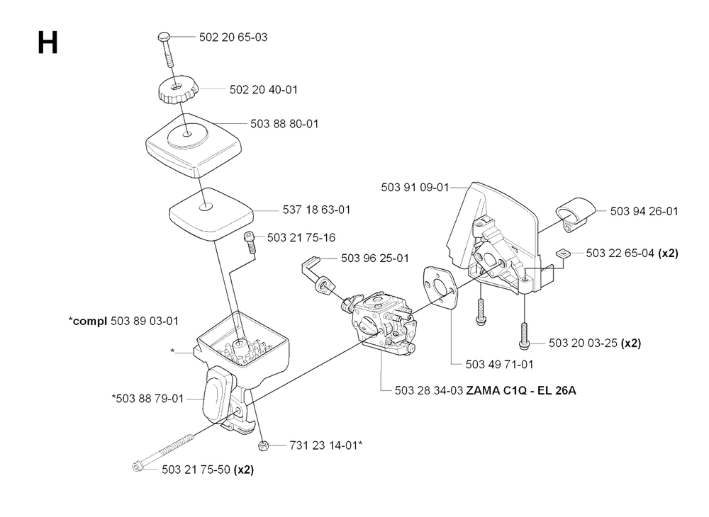 Carburetor And Air Filter Diagram and Parts List for 325HE4X 20090900001 & Above Husqvarna Hedge Trimmer