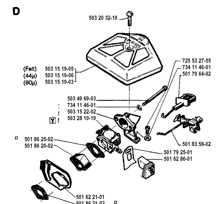 Carburetor And Air Filter Diagram and Parts List for 242 19941400001-19981800000 Husqvarna Chainsaw