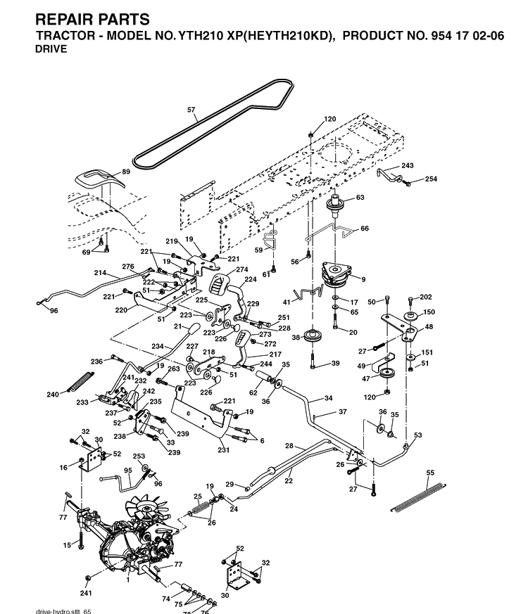 Drive Diagram and Parts List for YTH210XP (HEYTH210KD)(2004-06) Husqvarna Lawn Tractor