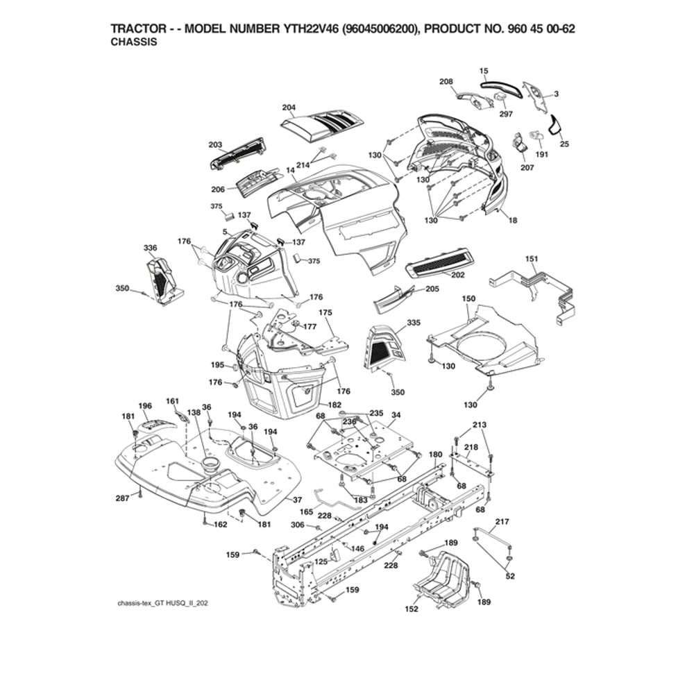 Chassis Diagram and Parts List for 96045006200  Husqvarna Lawn Tractor