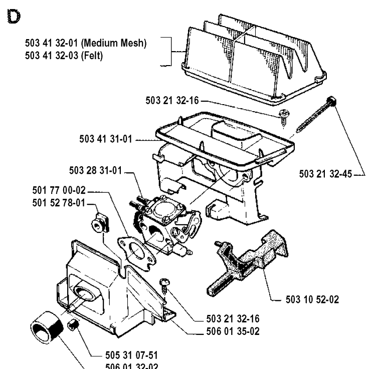 Carburetor And Air Filter Diagram and Parts List for 45 19912200001-19952300000 Husqvarna Chainsaw