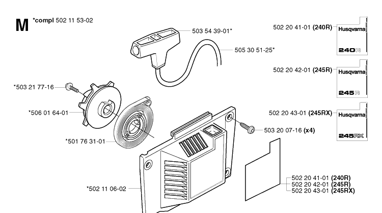 Starter Diagram and Parts List for 245R 20023100001-Current Husqvarna Brush Cutter