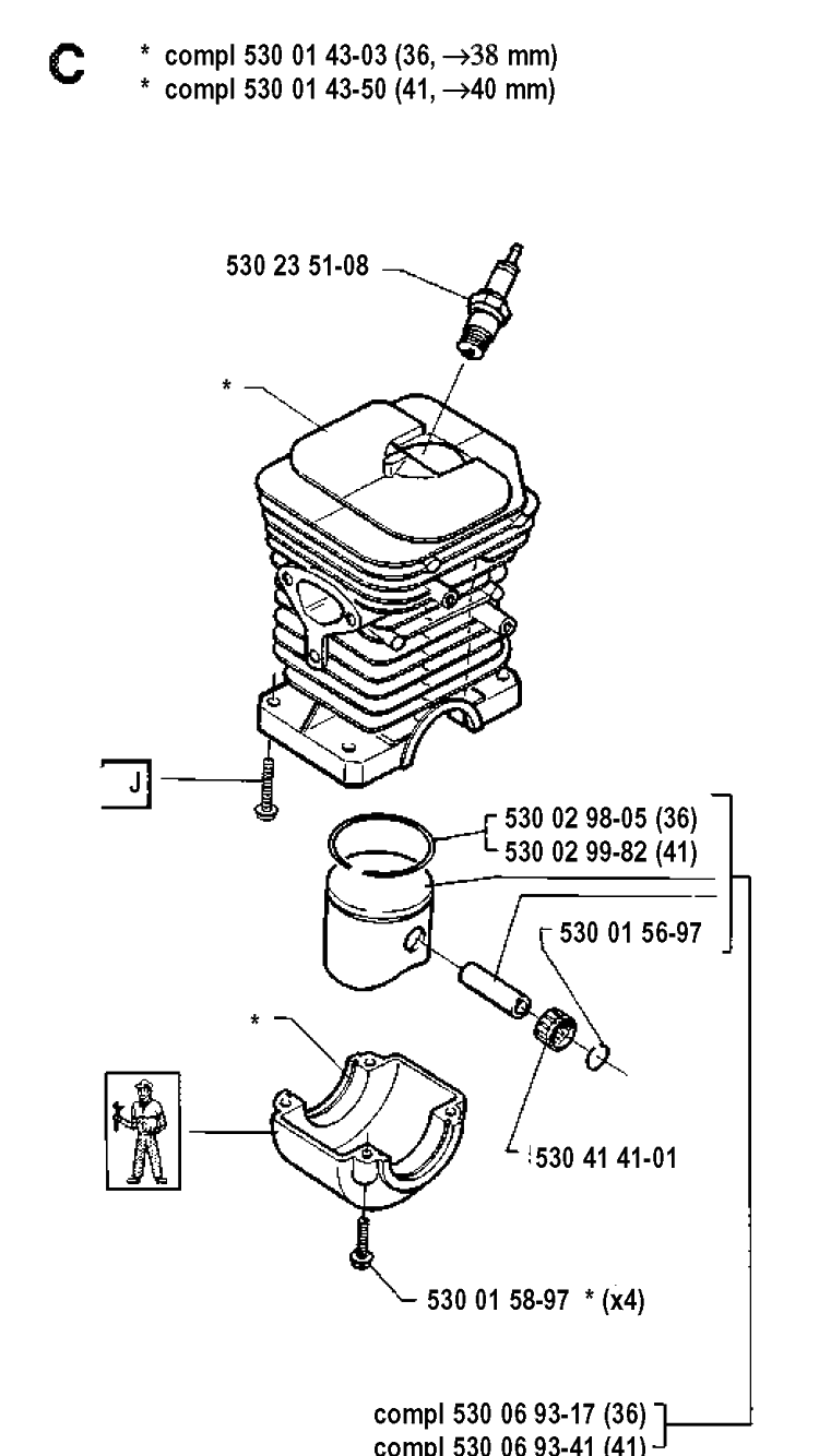 Cylinder Piston Diagram and Parts List for 41 19912200001-19941800000 Husqvarna Chainsaw