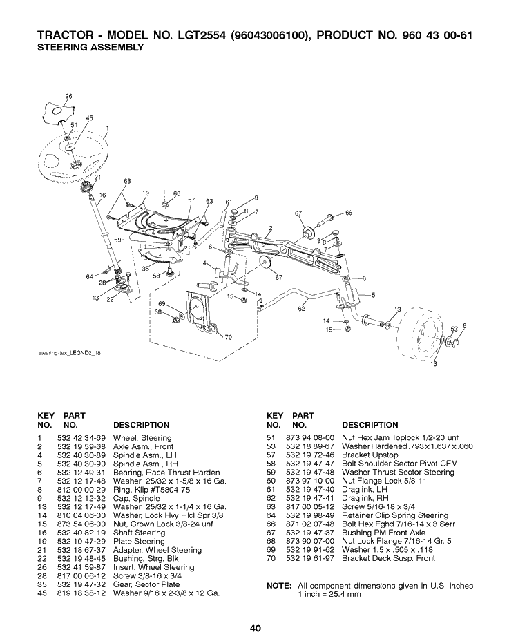 Steering Diagram and Parts List for LGT2554 2008-12 Husqvarna Lawn Tractor