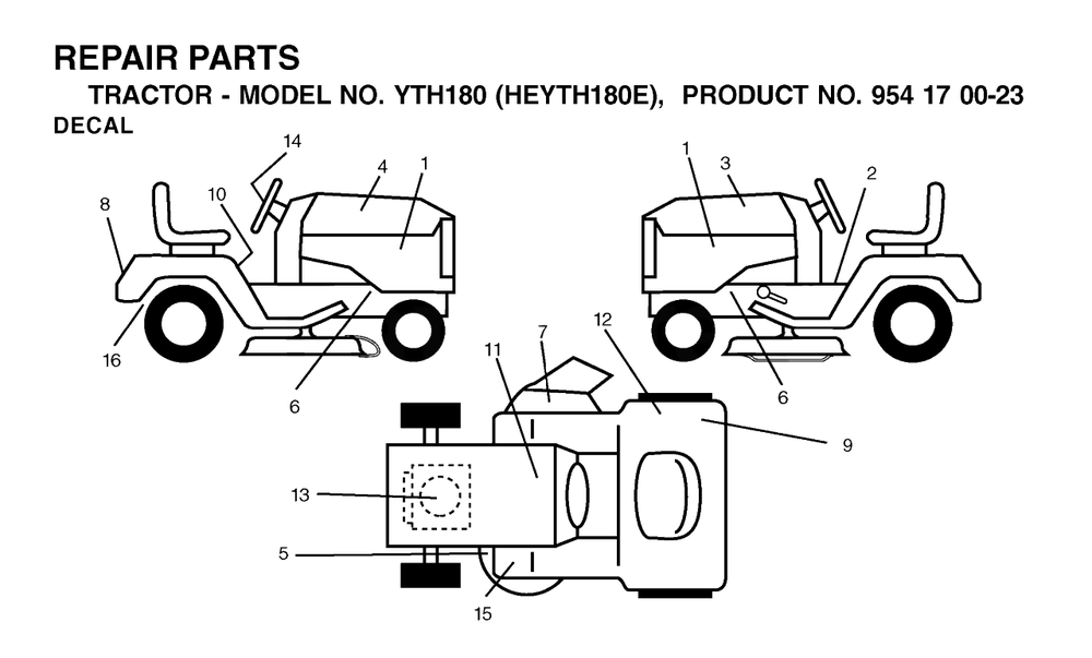 Decals Diagram and Parts List for YTH180 (954170023-E)(2001-01) Husqvarna Lawn Tractor