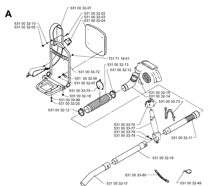 Tube Diagram and Parts List for 140B 19960900001-19974000000 Husqvarna Leaf Blower / Vacuum