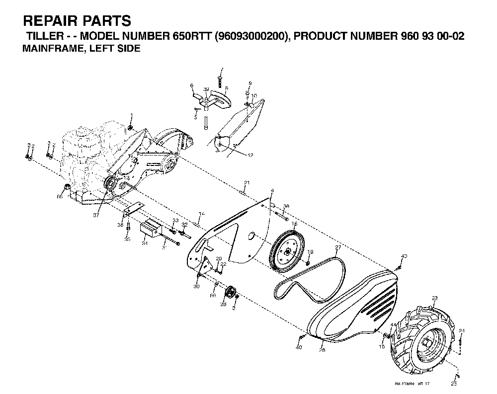 Mainframe, Left Side Diagram and Parts List for 650RTT (96093000200)(2005-08) Husqvarna Tiller
