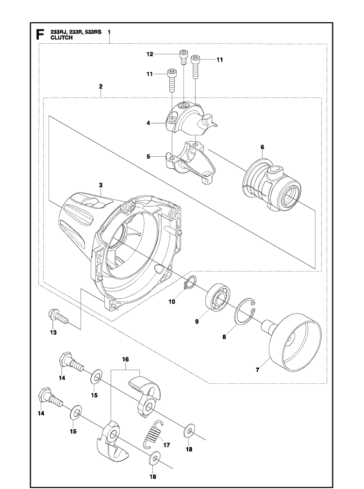 Clutch Diagram and Parts List for 233RJ  Husqvarna Brush Cutter