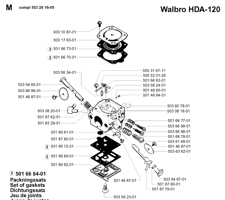 Carburetor Details Diagram and Parts List for 257 19960100001-19980900000 Husqvarna Chainsaw
