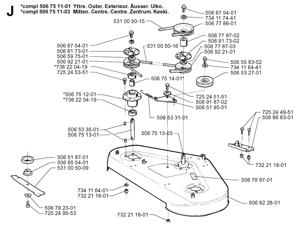48-Inch/122cm Cutting Deck Diagram and Parts List for R1030 1997-05 Husqvarna Lawn Tractor