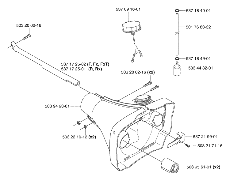 Fuel Tank Diagram and Parts List for 345RX 2003-05 Husqvarna Brush Cutter