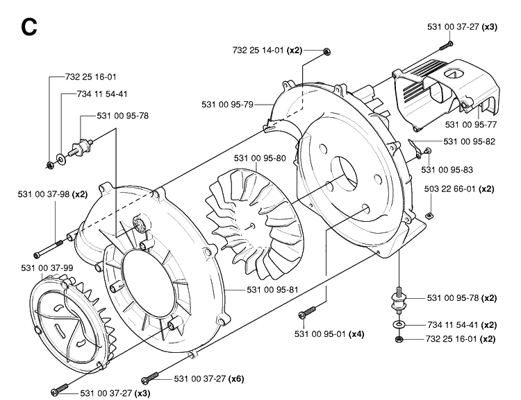 Fan Diagram and Parts List for 125BT TJ027D-AC55 Husqvarna Leaf Blower / Vacuum