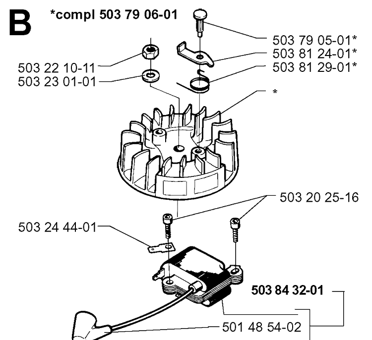 Ignition System Diagram and Parts List for 225H75 19980900001-20022200000 Husqvarna Hedge Trimmer