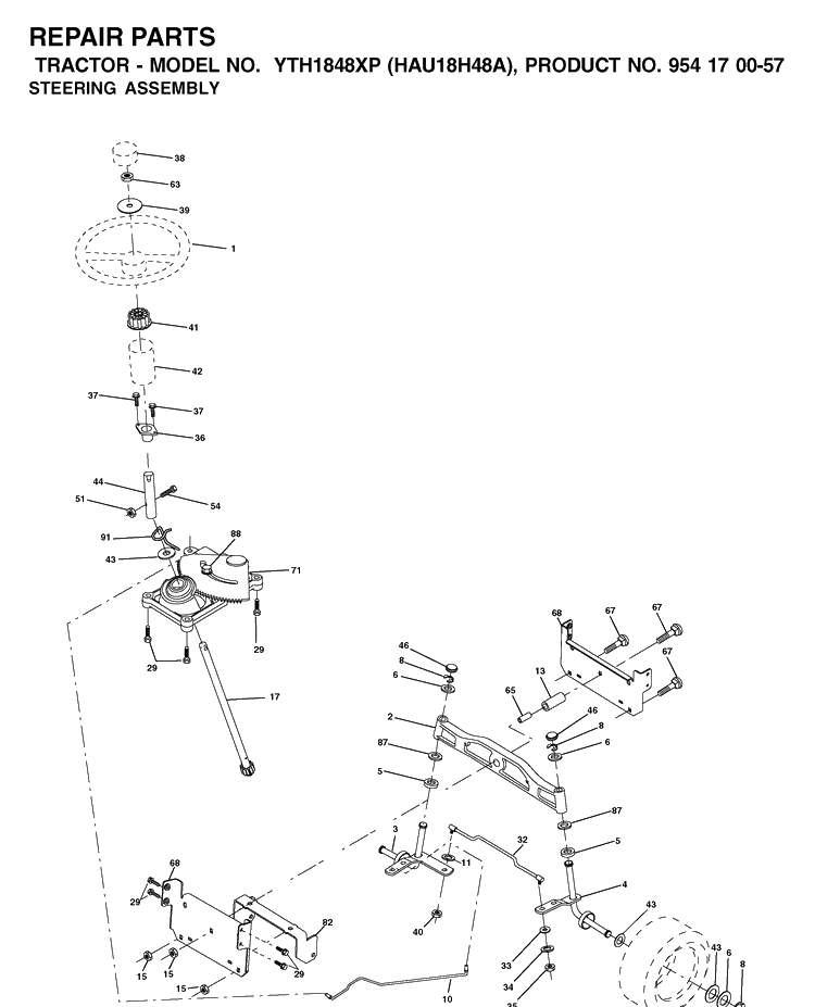 Steering Diagram and Parts List for YTH1848XP (HAU18H48A)(2003-01) Husqvarna Lawn Tractor