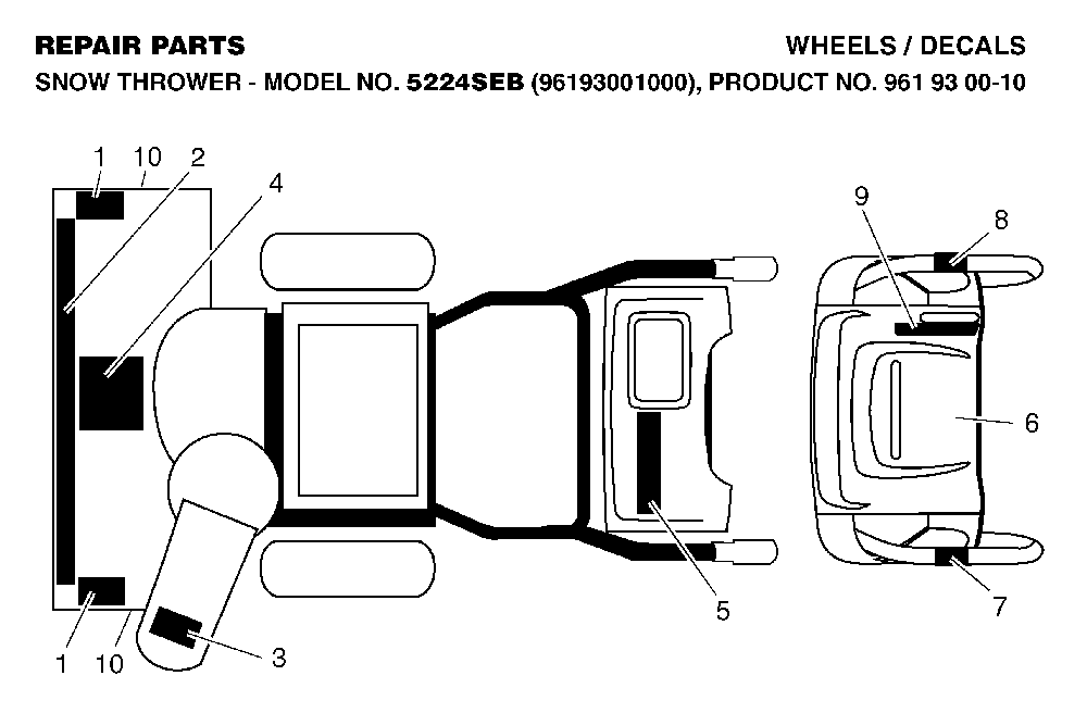 Decals Diagram and Parts List for 5524SEB (96193001000, 961930010)(2005-12) Husqvarna Snow Blower
