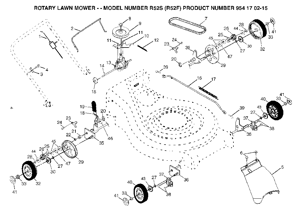 Drive Diagram and Parts List for R52S (R52 F, 954170215)(2004-10) Husqvarna Lawn Mower