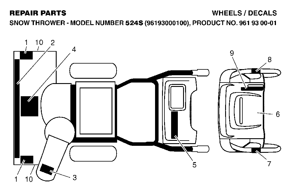 Decals Diagram and Parts List for 524S (96193000100)(2006-06) Husqvarna Snow Blower