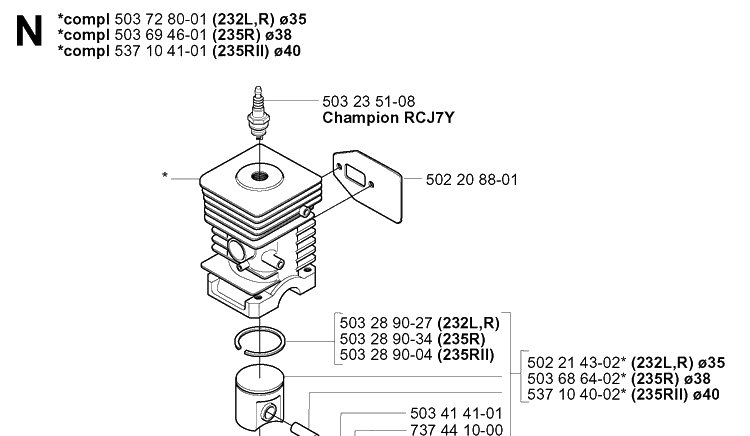 Cylinder Piston Diagram and Parts List for 232L 20060100001-20070100000 Husqvarna Edger
