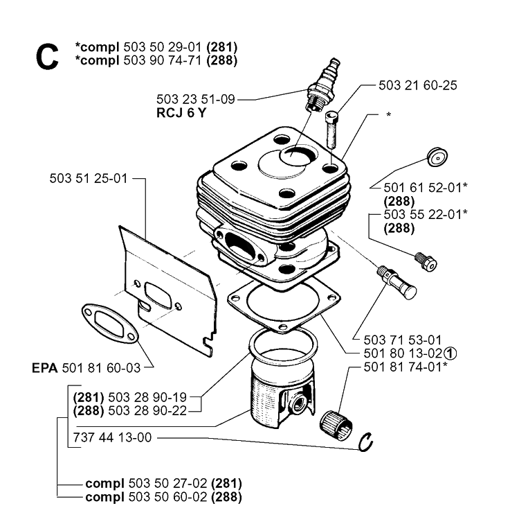 Cylinder Piston Diagram and Parts List for 281 20000600001-20014000000 Husqvarna Chainsaw