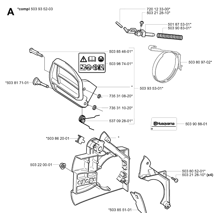 Chain Brake Diagram and Parts List for 338XPT 20034400001-20051000000 Husqvarna Chainsaw