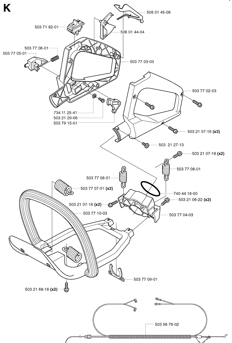 Handle And Controls Diagram and Parts List for 225H75 20022200001-Current Husqvarna Hedge Trimmer