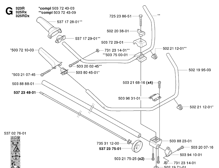 Handle Diagram and Parts List for 323R 20051800001-20061400000 Husqvarna Brush Cutter